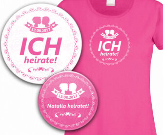 Buttons und T-Shirt mit Brautpaar-Silhouette in pink/fuchsia mit Datum personalisiert
