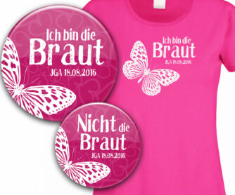 Junggesellinnenabschied-Set: Buttons und Shirt für die Braut Modell 8 personalisiert