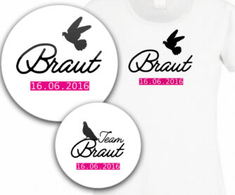 JGA Set aus T-Shirt und Buttons Modell Nr. 6 mit Datum und Taube