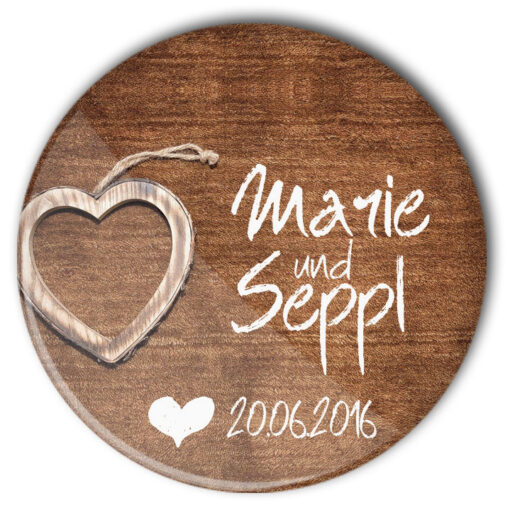 Hochzeit Button Anstecker Wooden Heart Bestseller: Holzstruktur, Herz und personalisierter Aufdruck