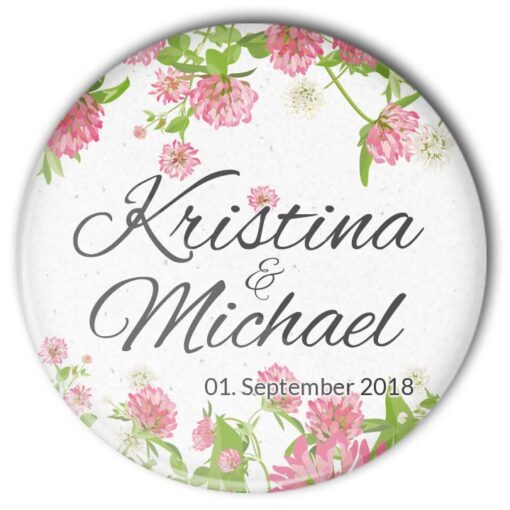 Hochzeit Button "Sommerklee": frisches, sommerliches Motiv mit Personalisierung