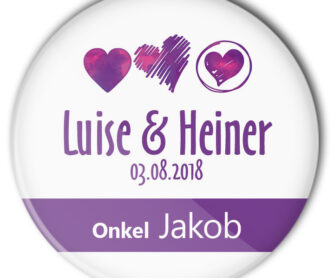 Hochzeit Button mit 3 Herzen personalisiert und einzel mit Name bedruckt