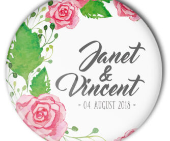 Hochzeit-Button Modell Nummer 38 Rosenranke mit Name und Datum personalisiert