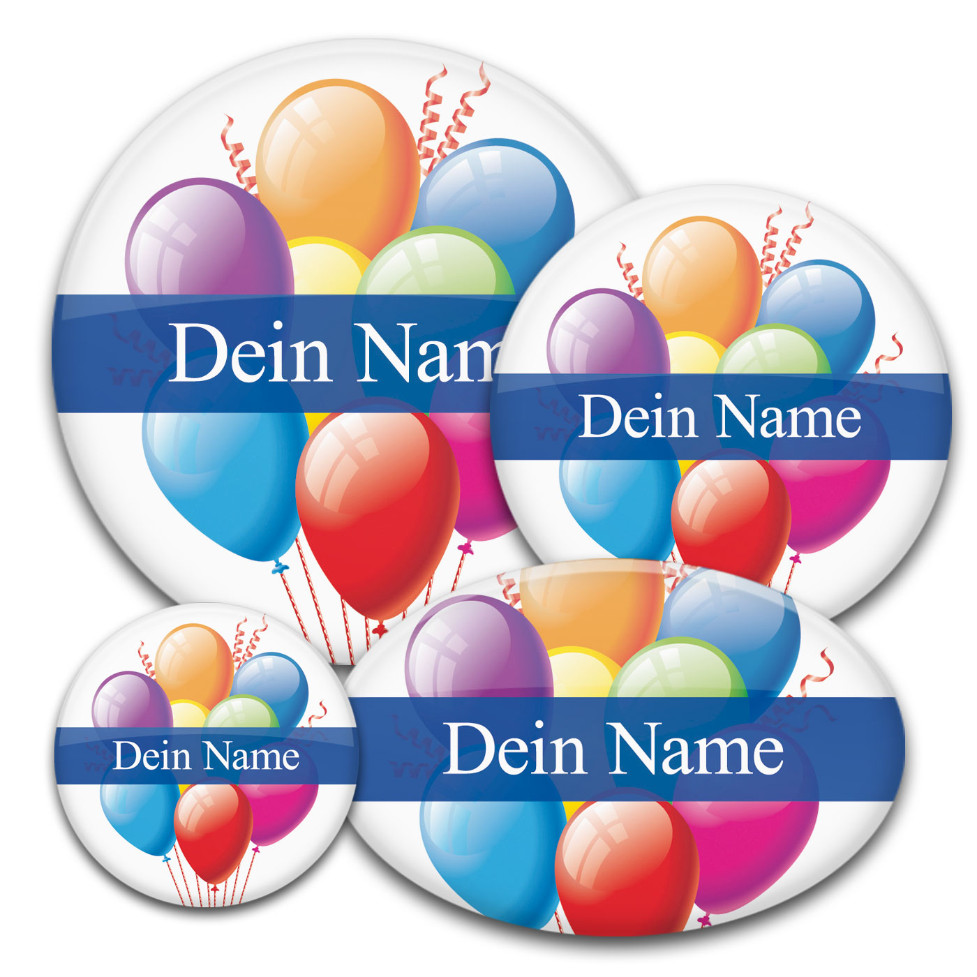 Namens-Buttons mit bunten Luftballons