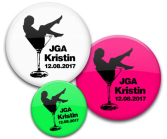 Frau im Sektglas burlesque JGA Ansteckbuttons mit Name und Datum