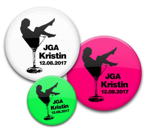 Frau im Sektglas burlesque JGA Ansteckbuttons mit Name und Datum