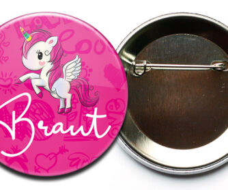 Einhorn-Button zum Junggesellinnenabschied in pink mit Nadel