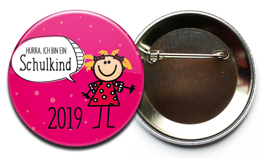 Button Hurra ich bin ein Schulkind 9 Mädchen magenta mit Sicherheitsnadel