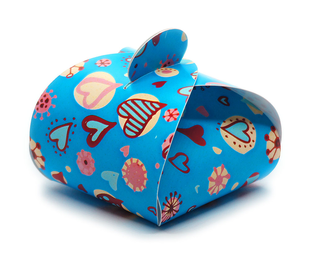 Faltschachtel Valentin 3 blauer Hintergrund, bunte Herzchen