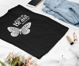 schwarzes JGA Shirt mit Schmetterling für die Braut | individualisiert mit Datum