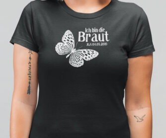 T08 Shirt Junggesellinnenabschied in schwarz mit Schmetterling, mit Datum individualisiert