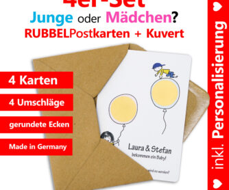 komplettes 4er-Set aus personalisierten Rubbelkarten mit Umschlägen