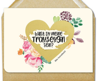 floral gestaltete Rubbelkarte mit großem goldenen Herz und der Frage "Willst Du meine Trauzeugin sein?"