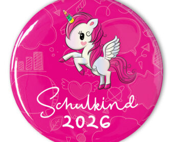 pink Button Schulkind 2026 mit Einhorn