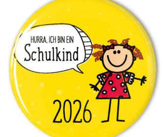 gelber Button Schulkind mit Mädchen zum Schulanfang 2026