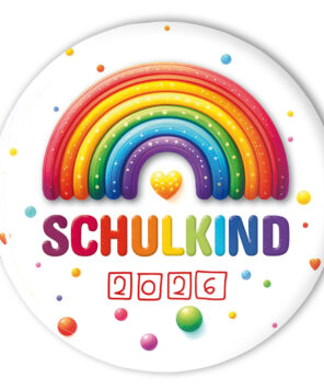 Schulkind-Button mit Regenbogen und Aufdruck