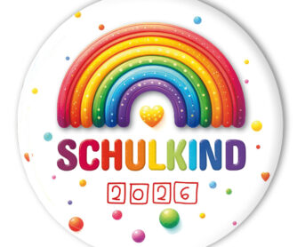 Schulkind-Button mit Regenbogen und Aufdruck "Schulkind" für den Schulanfang